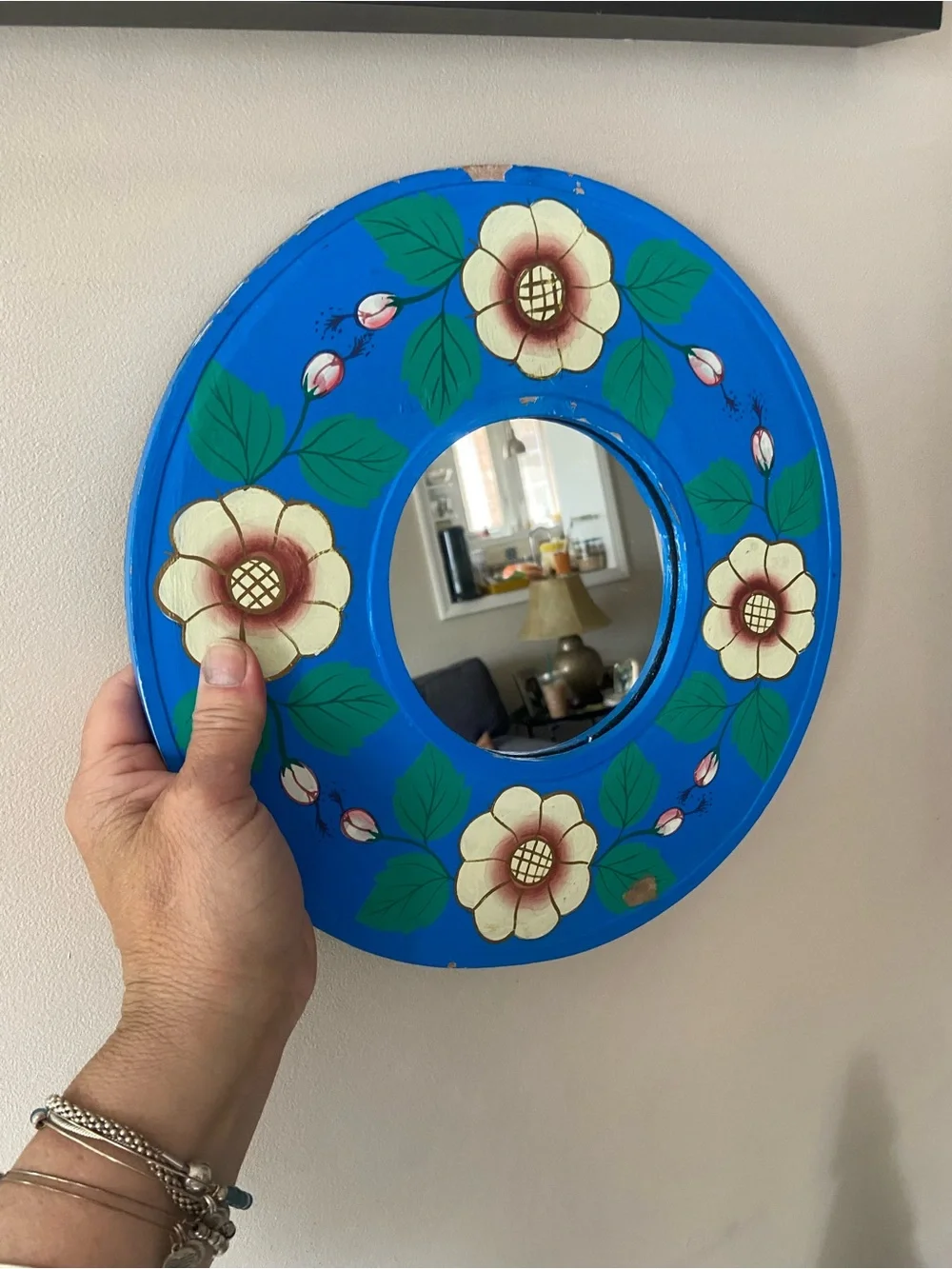 Vintage Folk Art Hand-Painted Blue Floral Round Wall Mirror